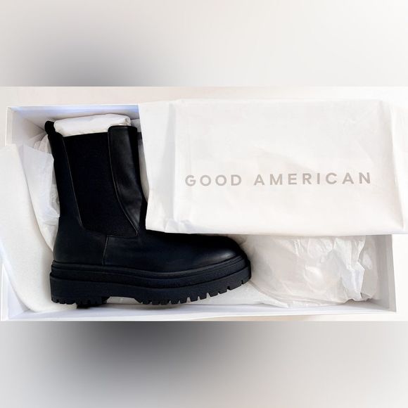 New Good American Black Leather Pull On Platform Boots - Picture 3 of 13